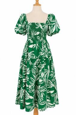 Green White Tropical Leaf Print Puff Sleeve Smocked Tiered Midi Dress Cotton M